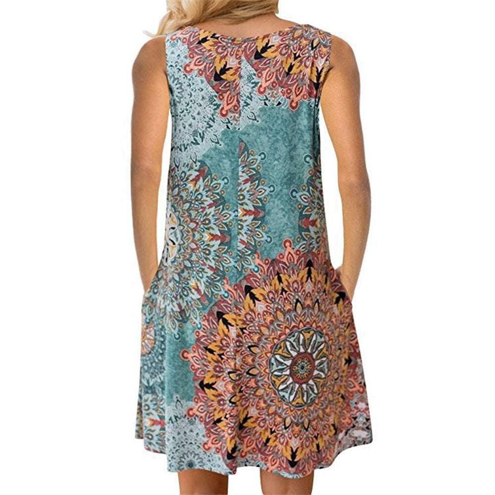 Amy Fashion - Floral Print Medium Casual Cover Up Plain Tank Dress