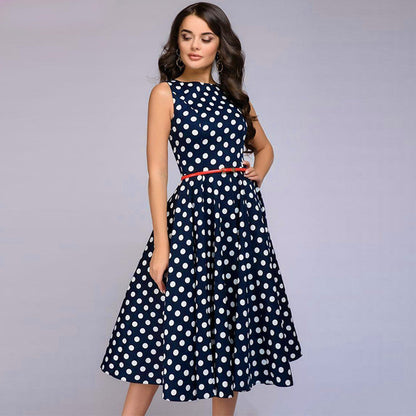 2024 Elegant Polka Dot Print Flared Sleeveless Dress