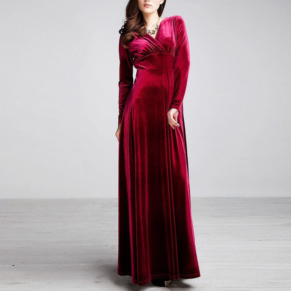 Amy Fashion - V Neck Pleated Velvet Banquet Maxi Dress