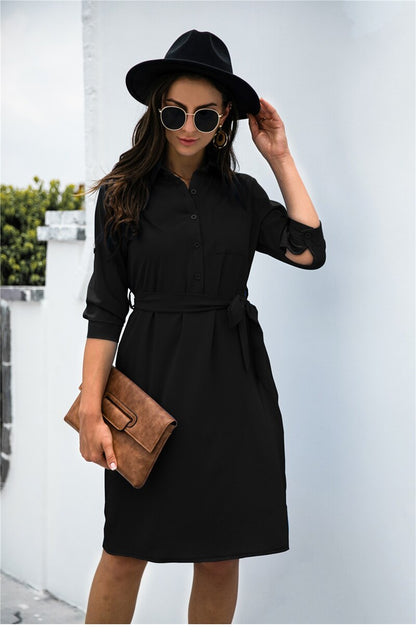 Amy Fashion - Solid Color Button Lapel Sleeve Shirt Dress