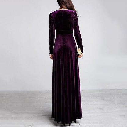 Amy Fashion - V Neck Pleated Velvet Banquet Maxi Dress