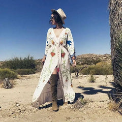Cotton Floral Embroidery Deep V Neck Maxi Boho Dress