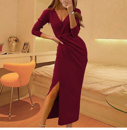 Amy Fashion - V Neck Evening Dresses Long Sleeve Split Maxi Dress