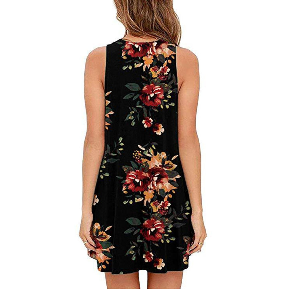 Amy Fashion - Floral Print Medium Casual Cover Up Plain Tank Dress