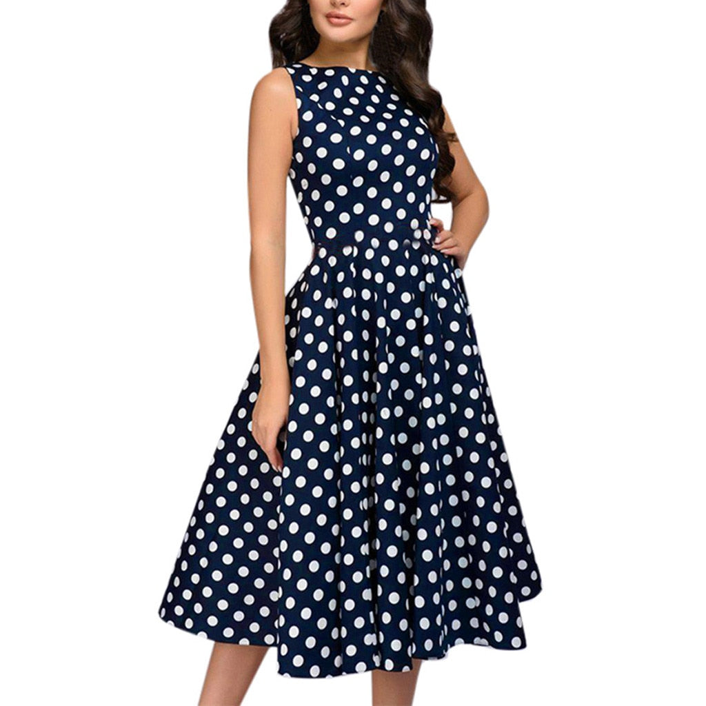 2024 Elegant Polka Dot Print Flared Sleeveless Dress