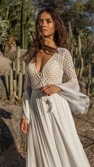 Long Flare Sleeve V Neck White Hollow Lace Boho Dress