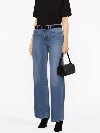 Amy Fashion - High Quality Autumn New Floor-length Denim High-waisted Minimalist Style Loose Wide-leg Jean