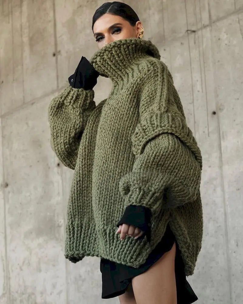 High Street Fashion Women 2024 Autumn Elegant Solid Flying Sleeve Loose Winter Warm Sweater