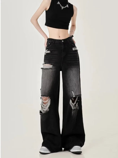 Amy Fashion - Perforated Women's Summer New INS Fashion Brand Straight Tube Loose Sweeping High Street Jean