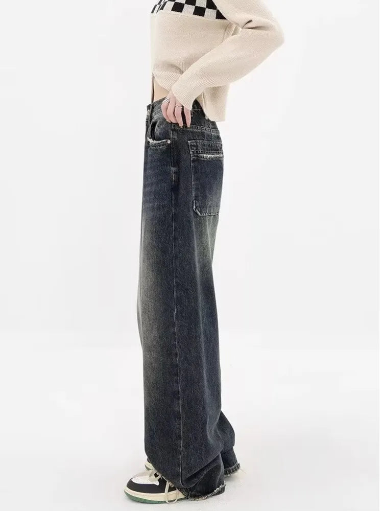 Amy Fashion - High Waisted Wide Leg Slim Ruffled Street Mop Jean