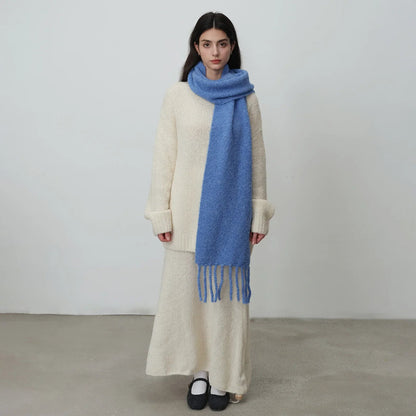 Glacier Blue Knitted Wool Scarf with Tassels for Women