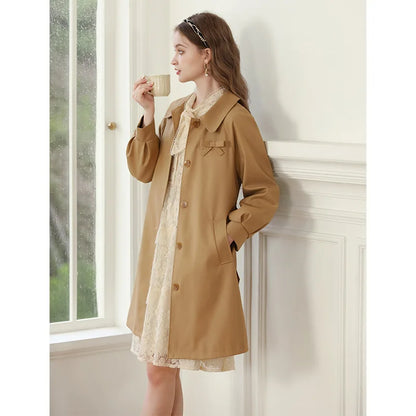 Autumn Khaki England Style Retro Mid-length Turn-down Collar Solid Coat