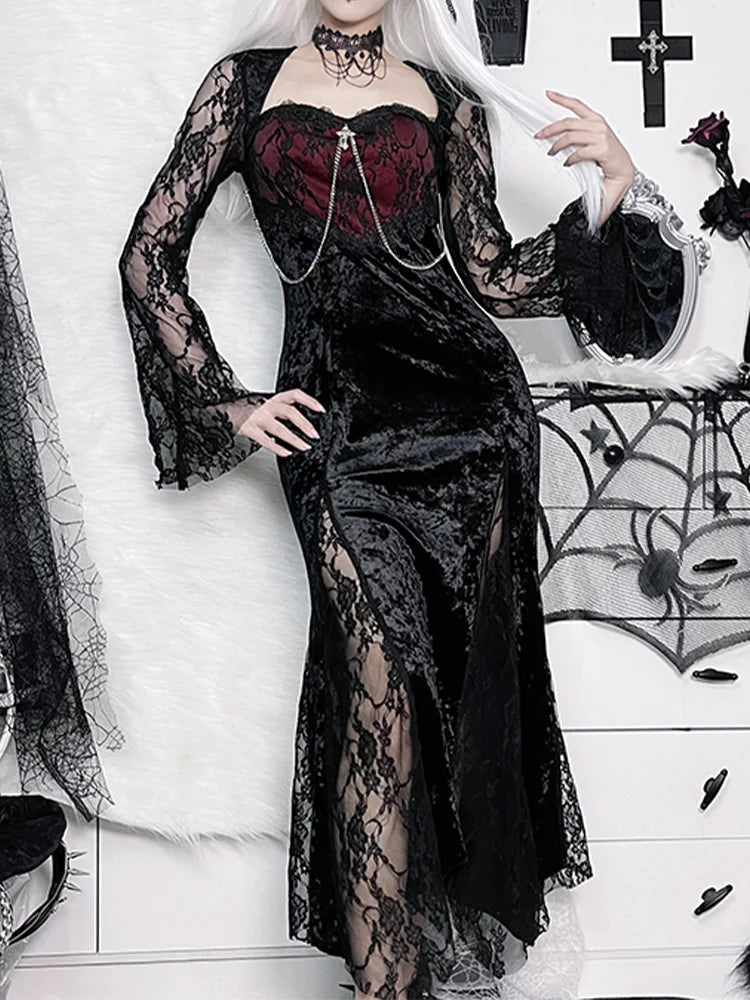 Slit Maxi High Long Gothic Dress Lace Chain Party Velvet Tube Patchwork Bodycon