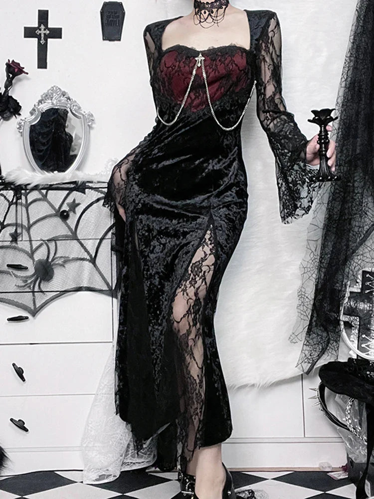 Slit Maxi High Long Gothic Dress Lace Chain Party Velvet Tube Patchwork Bodycon