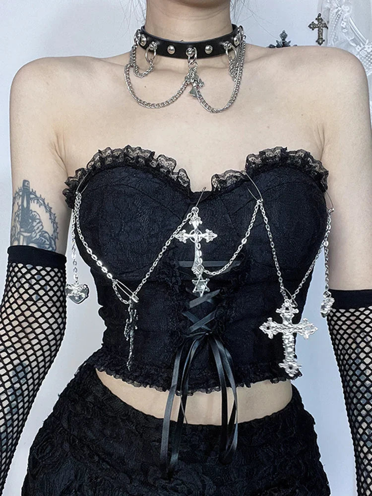 Crop Sexy Grunge Strapless Girl Harajuku E Top Gothic