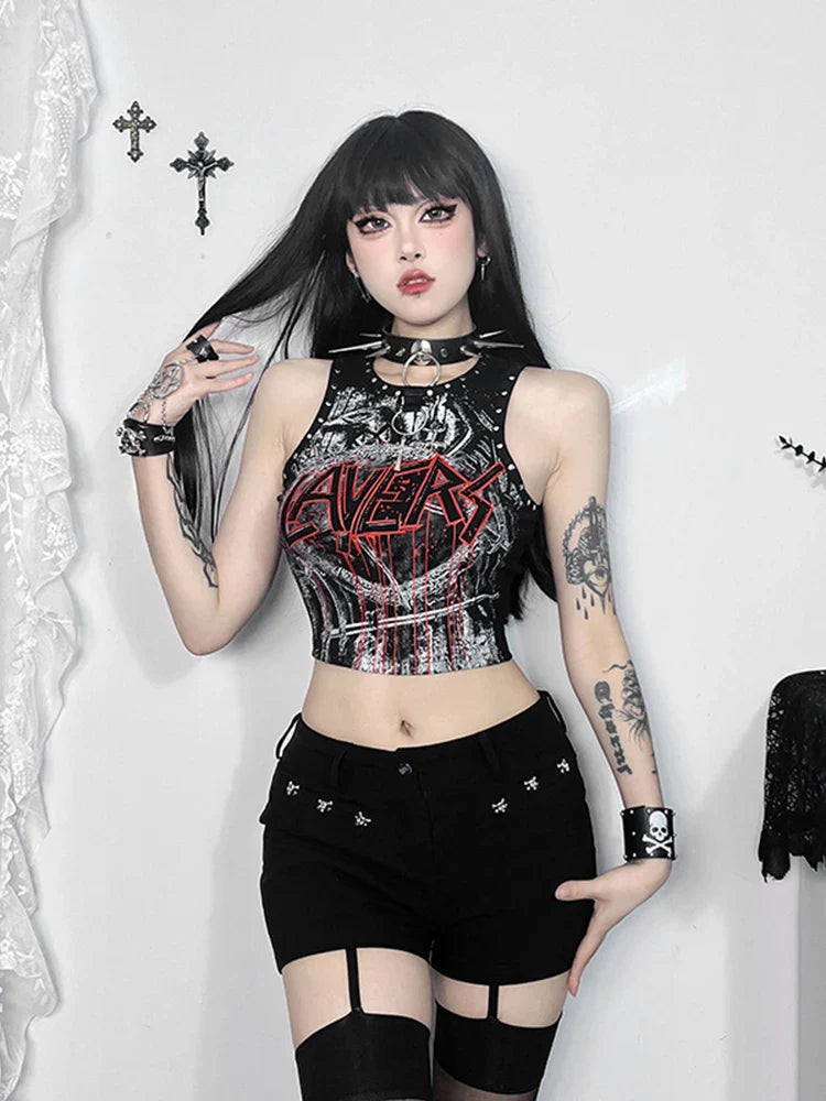 Crop Top Gothic Rivet Graphic Retro Print