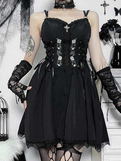 High Gothic Up Party Punk Trim Dress Lace Sexy Neck Waist Lace Black V Y2K Grunge