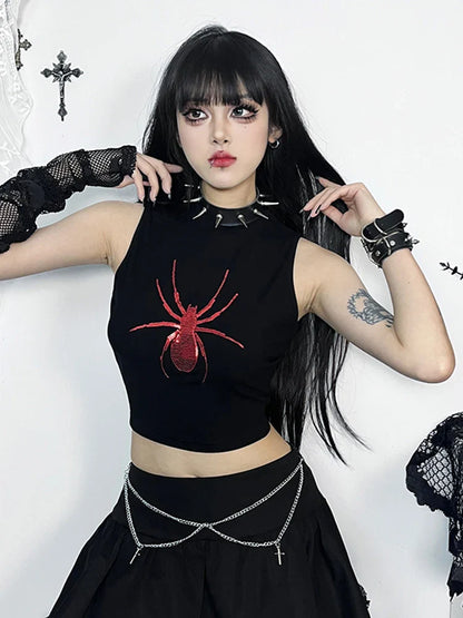 Crop Print Gothic Sleeveless Alt Spider Punk Top Graphic