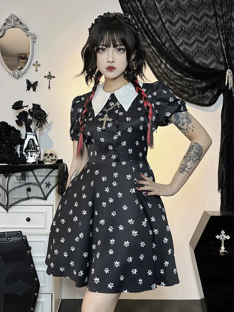 Bodycon Swing Down A-Line Print Cloak Dress Short Sleeve Collar Turn Gothic Punk