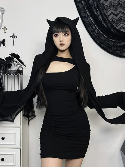 Wasteland Out Folds Bodycon Long Kitten Sleeve Hollow Dress