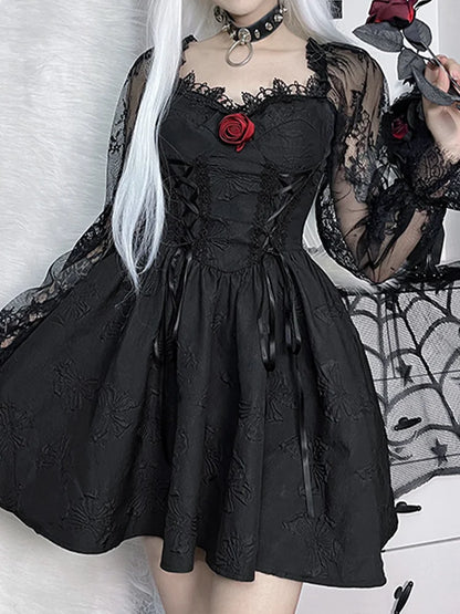 Harajuku Waist Vintage Sexy Party Dark High Dress A-Line Gothic Jacquard Lace Lolita Sleeve Grunge