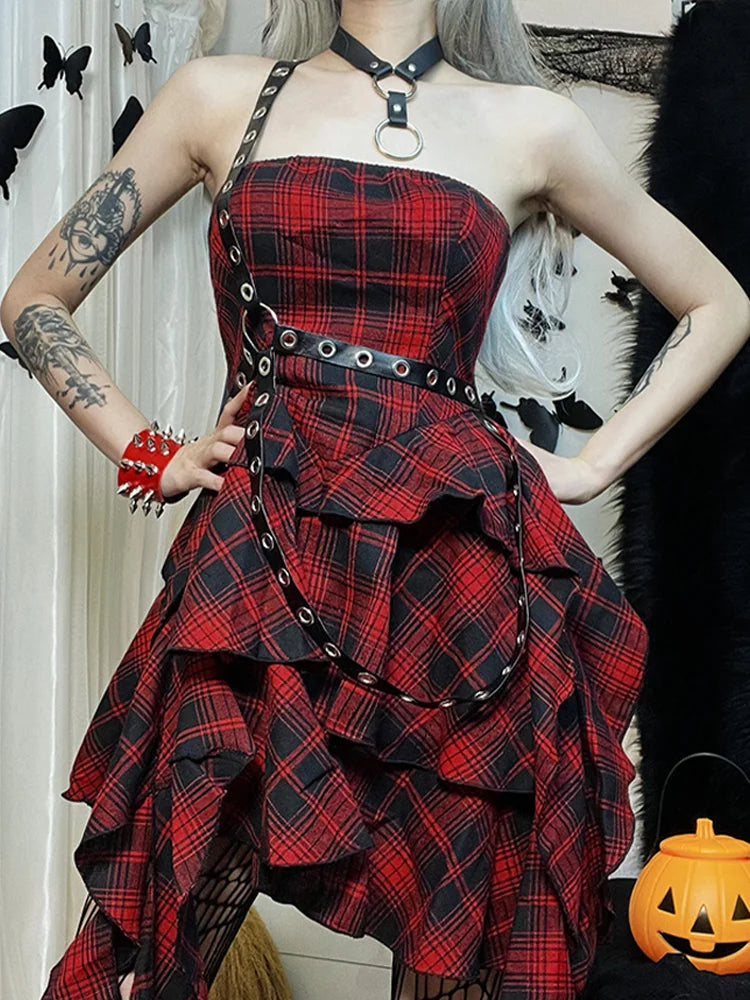 Irregular Backless Shoulder Plaid Sexy One Lolita Academy Red Vintage Strapless Dress