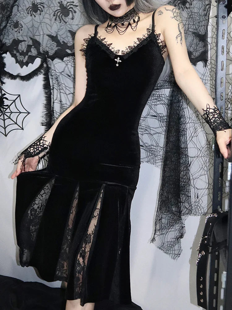 Gothic Velvet Backless Maxi Patchwork Lace Spaghetti Strap Sexy Cross Dress Black