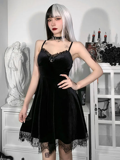 A-Line Strap Moon Colorful Velvet Sleeveless Trim Lace Corset Pendant Waist-in Dress Backless Spaghetti