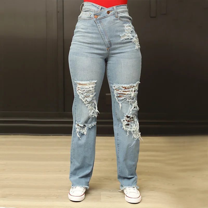 Amy Fashion - Irregular Waist Straight Leg High Street Loose Ripped Holes Casual Fashion Stretchy Jean