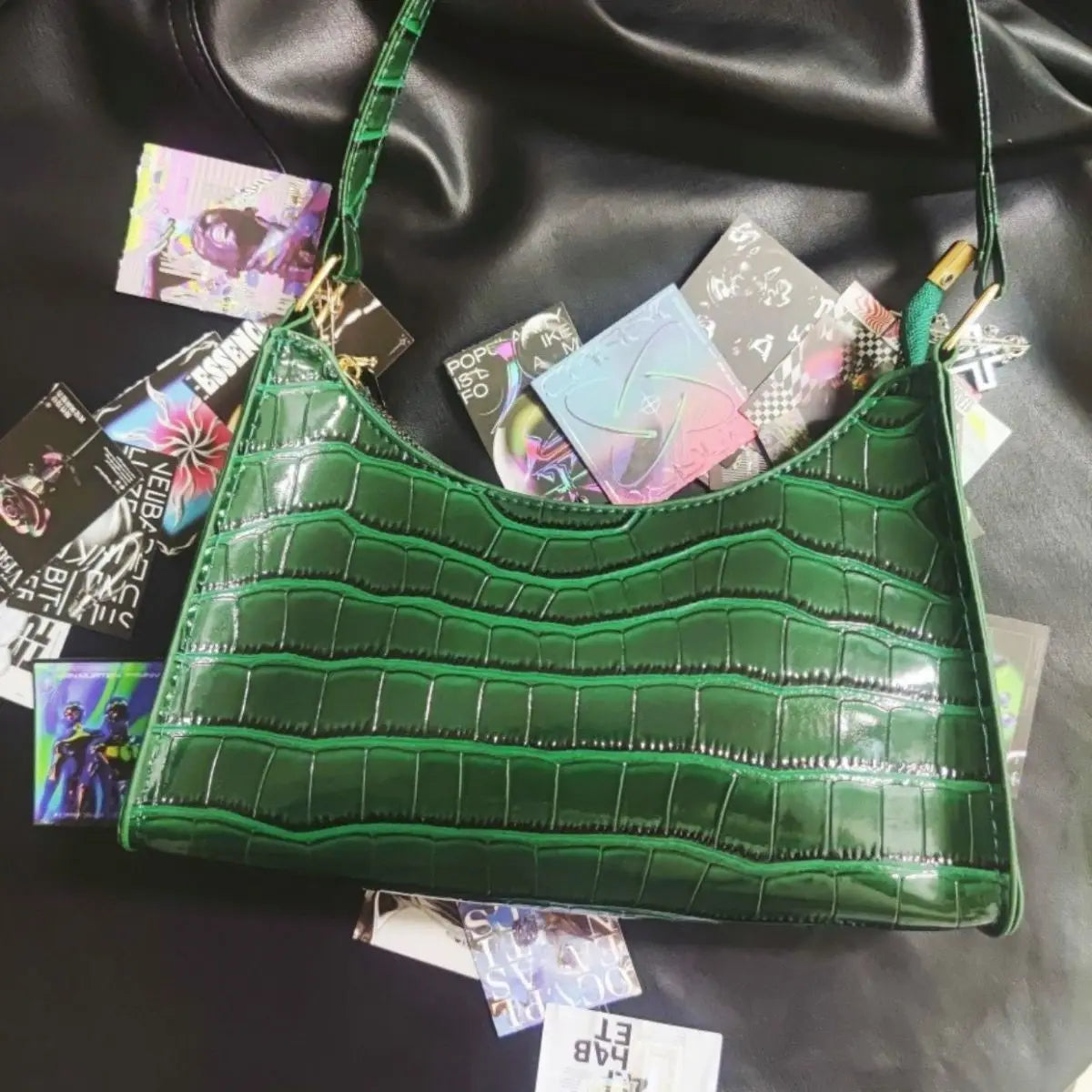 High Green Gothic Pattern Street Underarm Y2k Crocodile Cross Bag Chains Punk