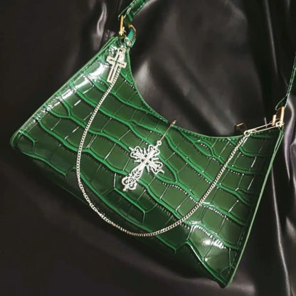 High Green Gothic Pattern Street Underarm Y2k Crocodile Cross Bag Chains Punk