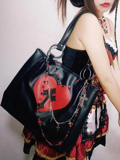 Tote Grunge Capacity Y2K Vintage Gothic PU Bag Leather Cross Large