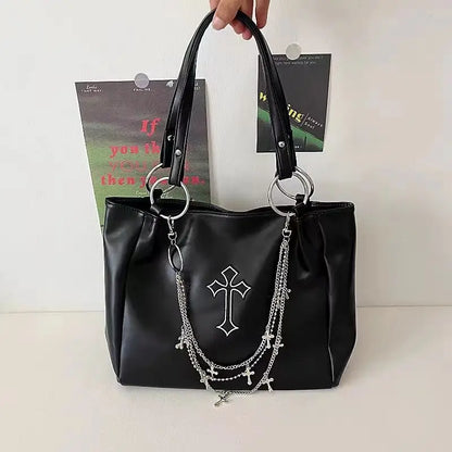 Tote Grunge Capacity Y2K Vintage Gothic PU Bag Leather Cross Large