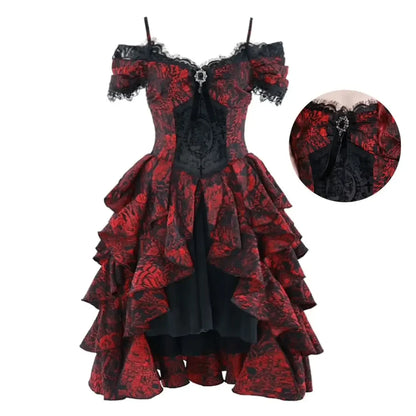 High-Waist Party Style Court Dark Gothic Off-Shoulder Wave Japanese Black Dress Lolita Red Autumn Halloween