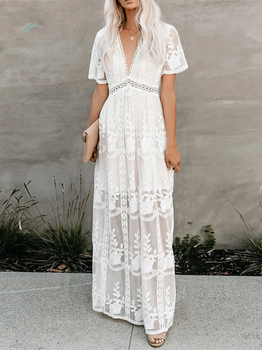 Amy Fashion - Loose Embroidery White Lace Maxi Boho Dress