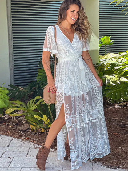 Amy Fashion - 2024 Loose Embroidery White Lace Maxi Boho Dress