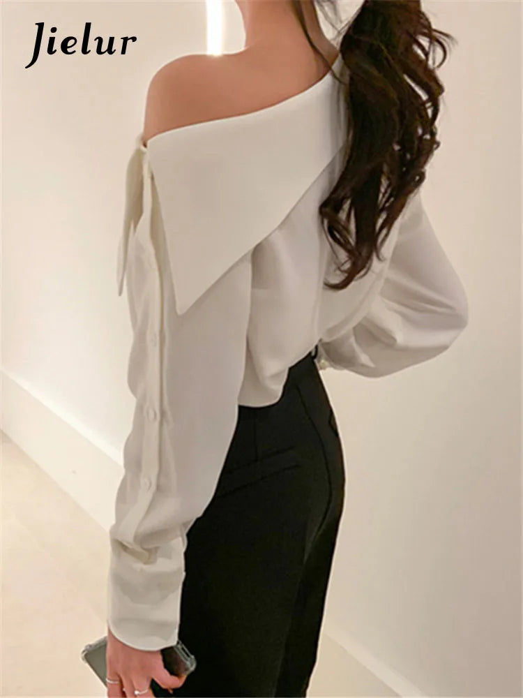 Office Korean Style Black One Shoulder Sexy Blouse