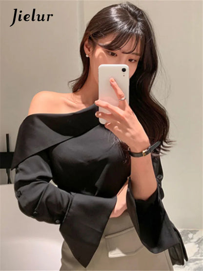 Office Korean Style Black One Shoulder Sexy Blouse