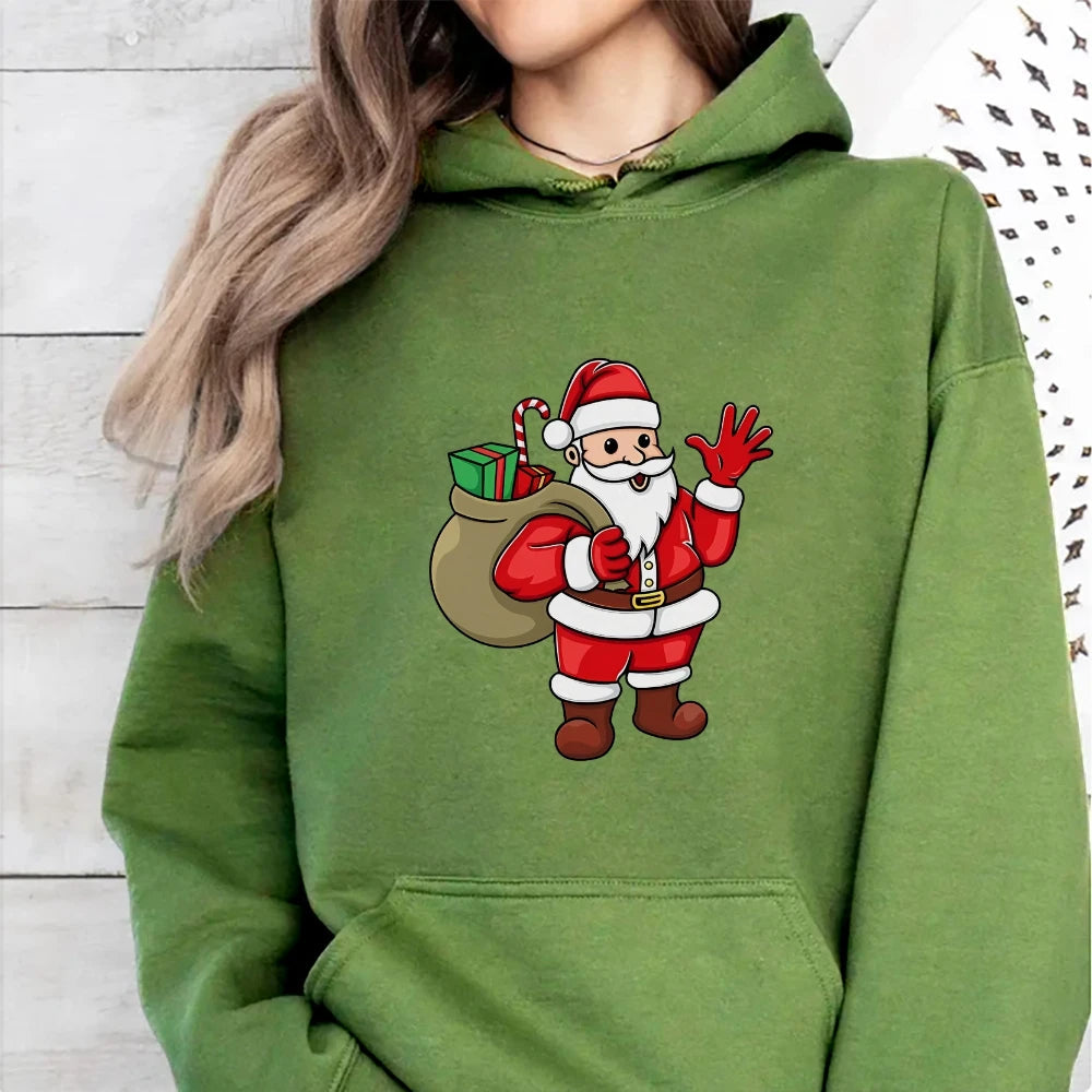 Santa Claus Cartoon Print Long Sleeve Christmas Hoodie