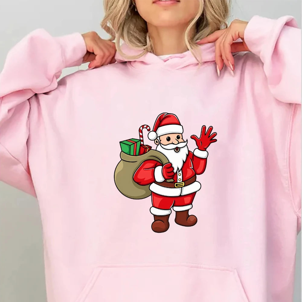 Santa Claus Cartoon Print Long Sleeve Christmas Hoodie