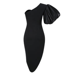 One Shoulder Short Sleeve Midi Puff Sleeve Bodycon Dress KLYF501