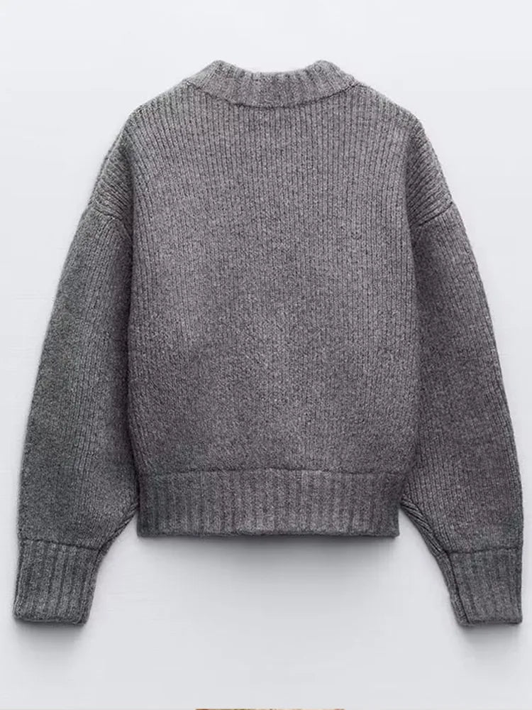 Knit Grey Zipper O-neck Long Sleeve Autumn Winter High Street Sweater