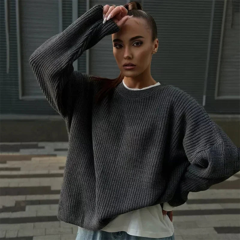 Casual Knitted Women Solid V-neck Long Sleeve Pullover Sweater