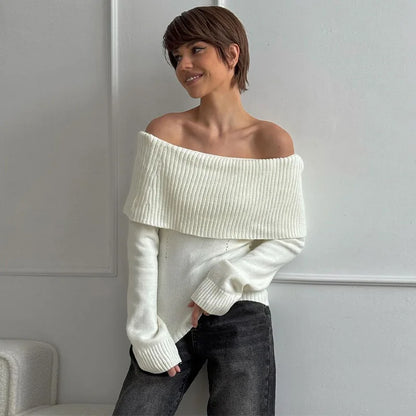 Off Shoulder Solid Slim Slash Neck Long Sleeve High Street Sweater