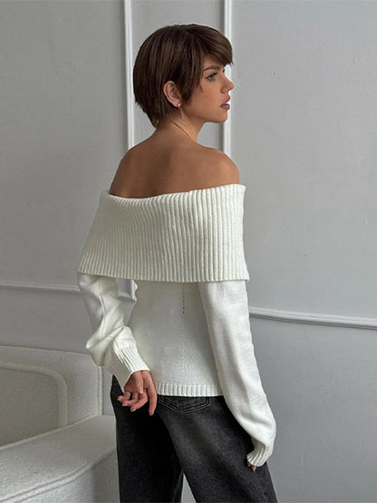 Off Shoulder Solid Slim Slash Neck Long Sleeve High Street Sweater