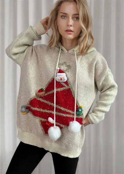 Korean Style Christmas Tree Hooded Loose Ugly Casual Knitwear Sweater