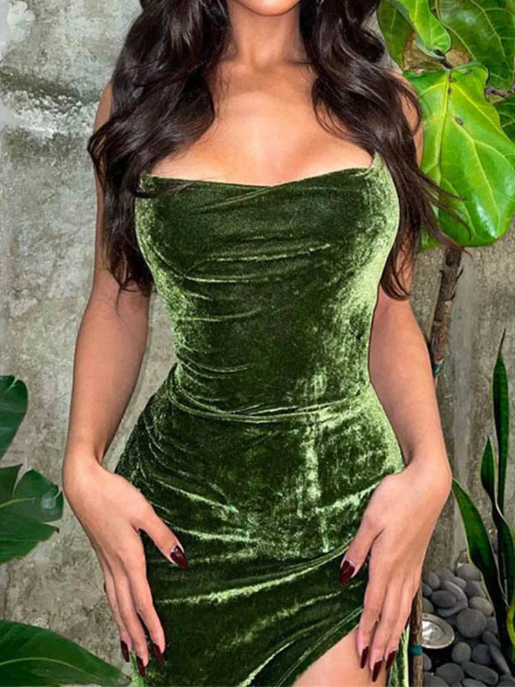 Green Velvet Lace-Up Maxi Dress - Backless Bodycon Christmas Party Dress