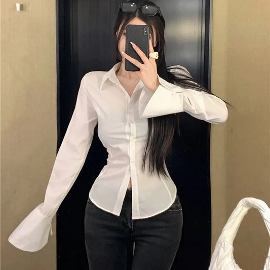 Lace Up Korean Flare Solid Streetwear Simple Female Shirt Blouse