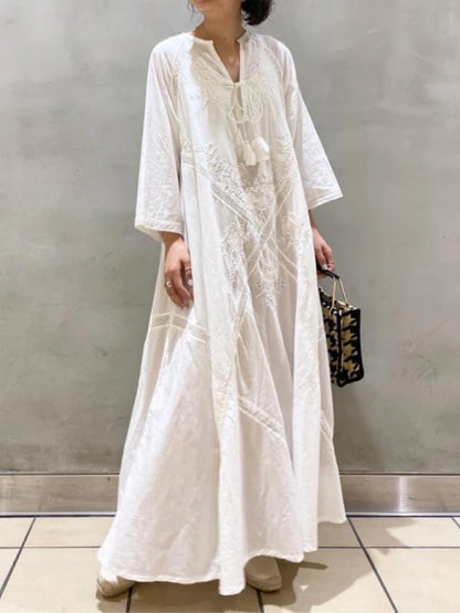 Amy Fashion - 2024 Cotton Linen Beach White V Neck Embroidered Boho Dress