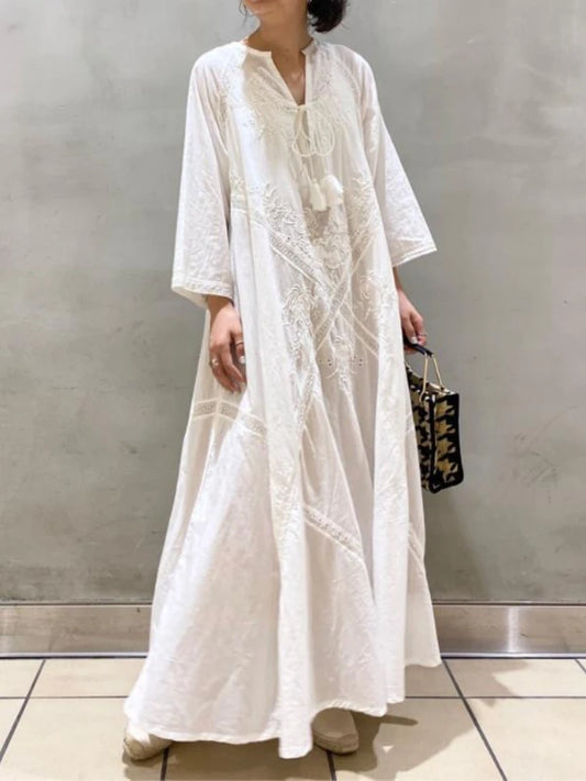 Amy Fashion - Cotton Linen Beach White V Neck Embroidered Boho Dress
